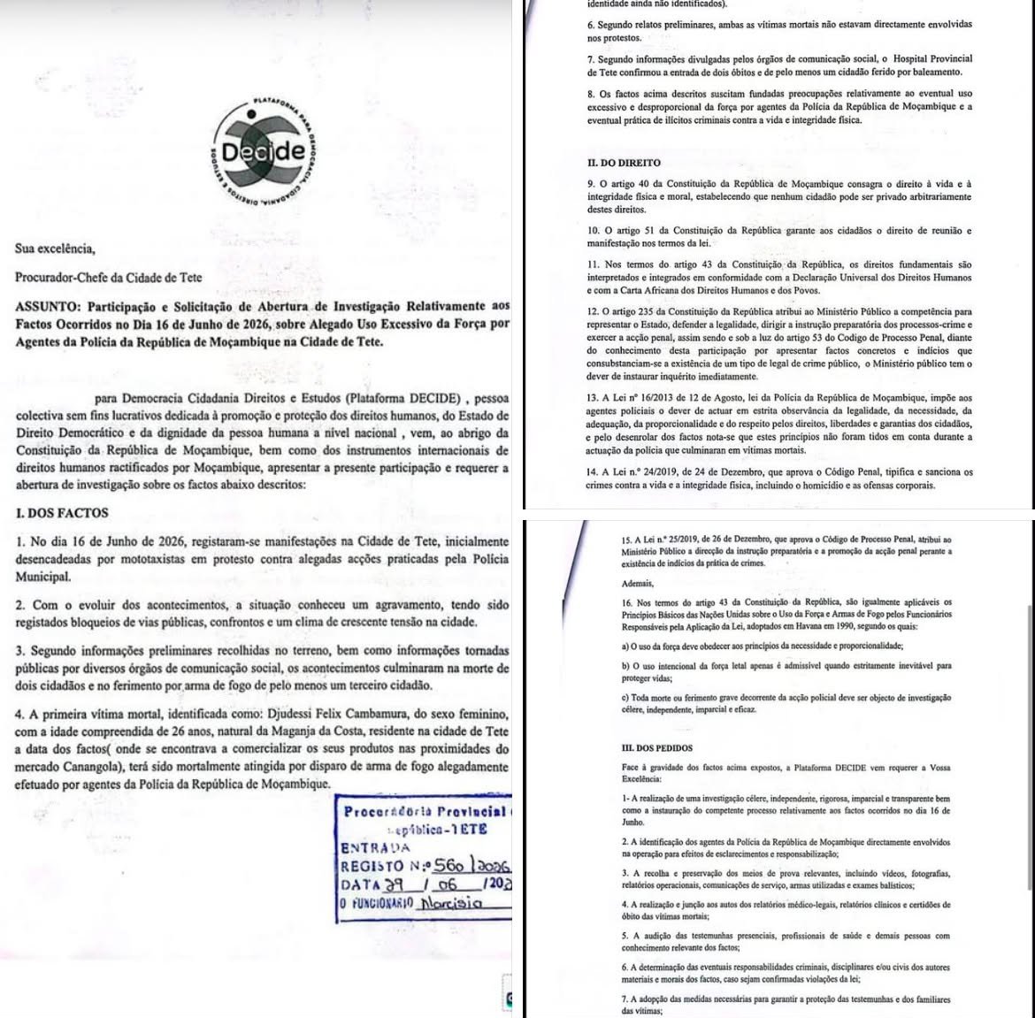 DECIDE LEVA O CASO DA VIOLÊNCIA POLICIAL EM TETE A PROCURADORIA